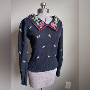Vintage Herman Geist Floral Embroidered Navy Sweater scalloped hem cotton ramie